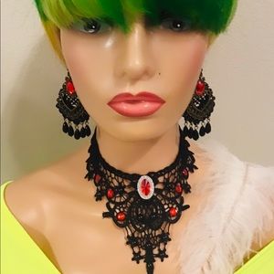 3pcs Fashion Vintage black and red lace choker necklace missing tree stone women
